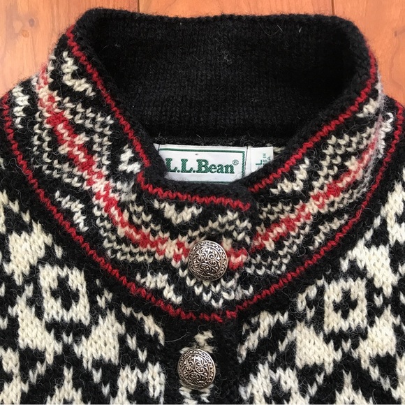Vintage LL Bean Nordic Fair Isle Cardigan Sweater Silver Buttons Large Made USA - Picture 6 of 14
